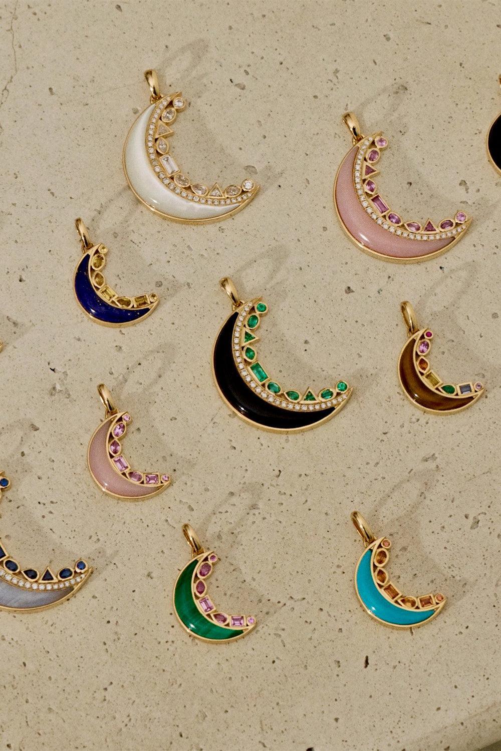 Lapis Yellow Sapphire Mini Crescent Moon Inlay Pendant-YELLOW GOLD-JEWELRYFINE JEWELPENDANT-SORELLINA