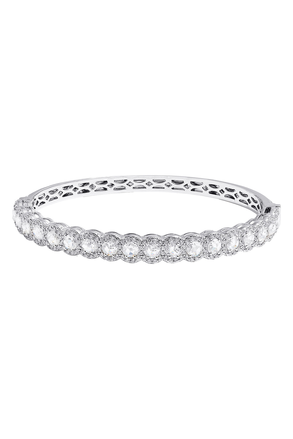 Diamond Rose Cut Half Scallop Bangle Bracelet-WHITE GOLD-JEWELRYFINE JEWELBRACELET O-64 FACETS
