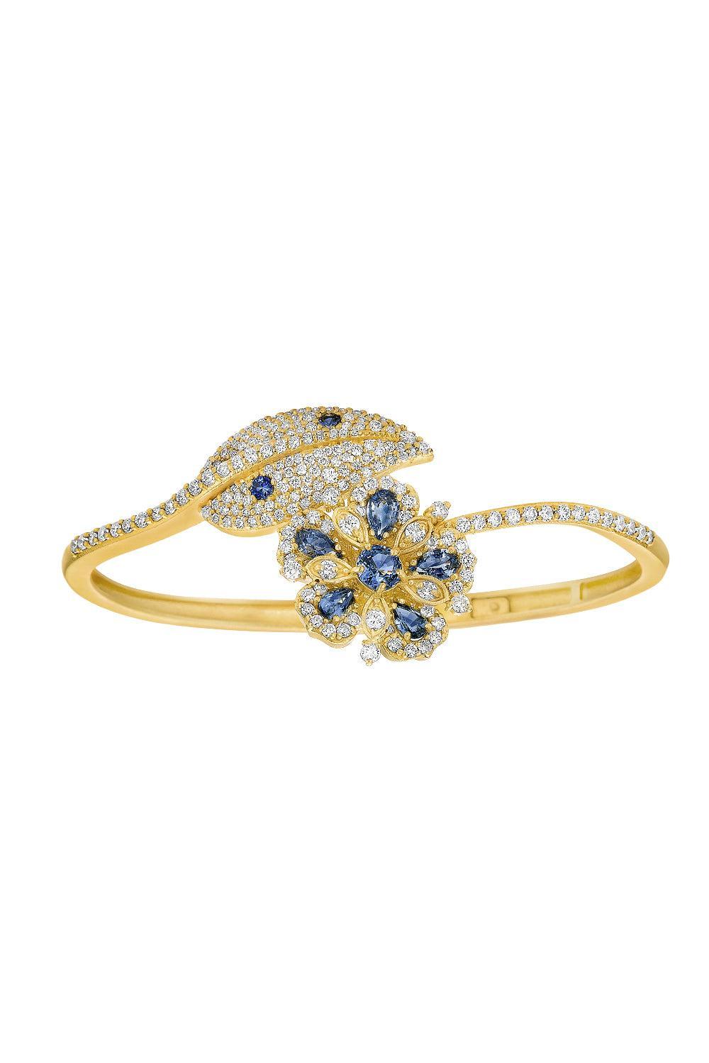 Ceylon Blue Sapphire Diamond Jasmine Bloom Flower Leaf Bypass Bangle Bracelet-YELLOW GOLD-JEWELRYFINE JEWELBRACELET O-TANYA FARAH