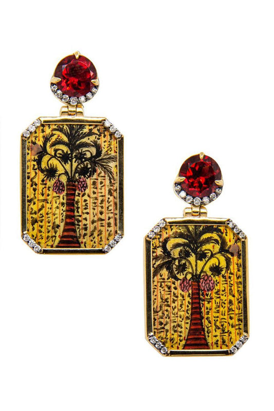 Diamond Garnet Egypt Miniature Painting Earrings-YELLOW GOLD-JEWELRYFINE JEWELEARRING-SILVIA FURMANOVICH