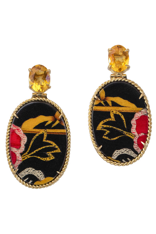 Diamond Citrine Tibetan Rose Print Earrings