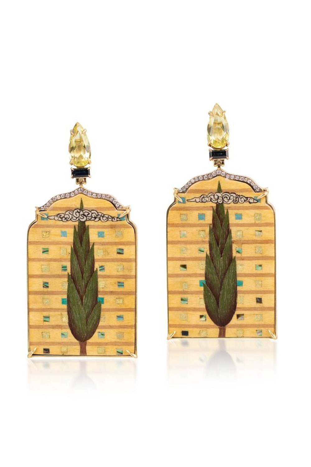 Diamond Sapphire Abalone Pine Tree Window Marquetry Earrings