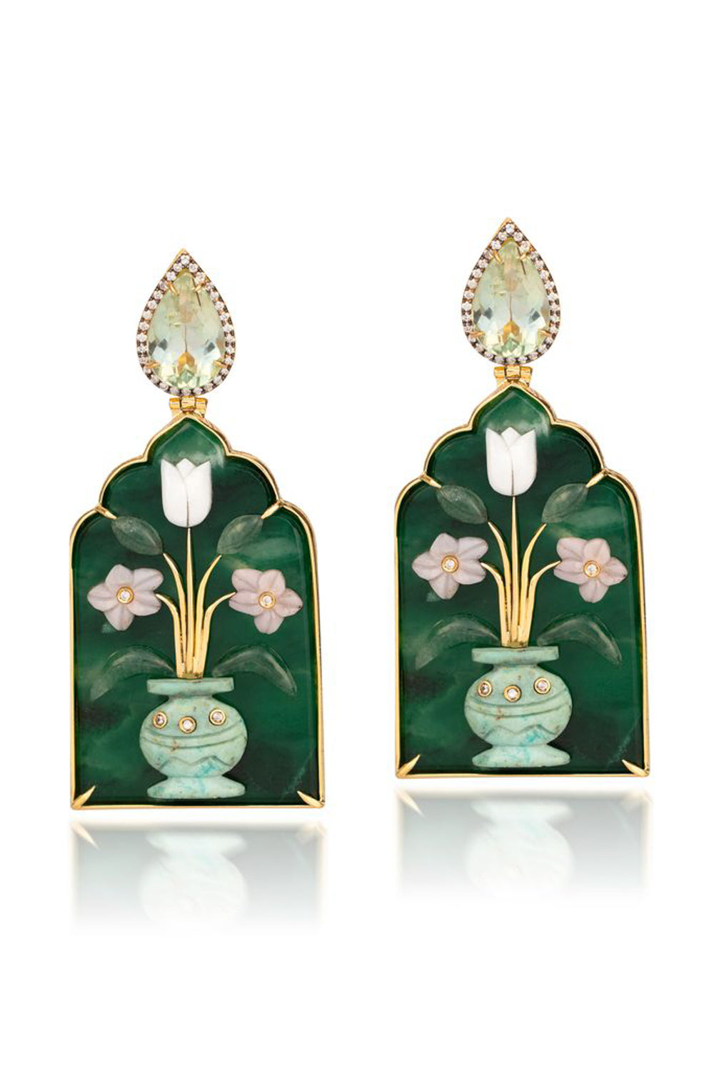 Pearl Malachite Flower Vase Windo Earrings