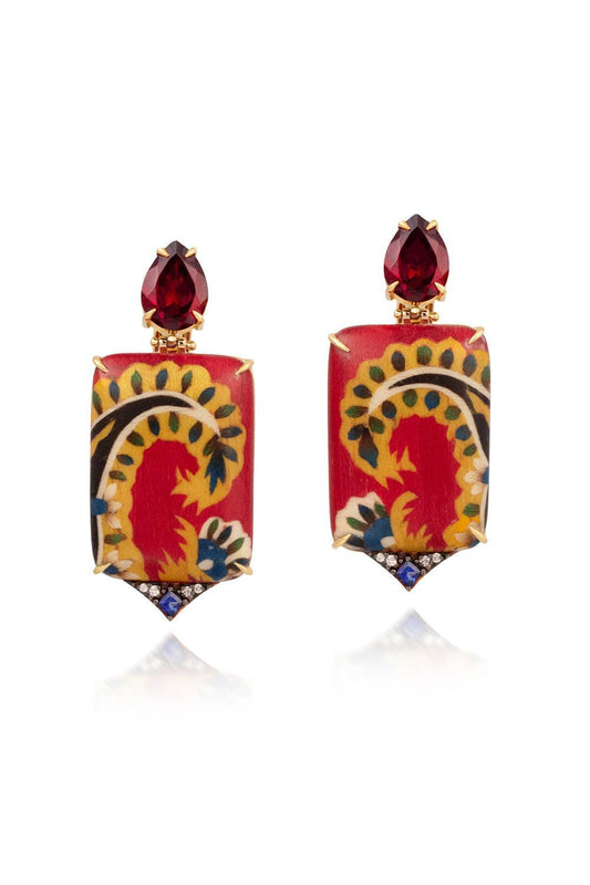 Diamond Grenade Kashmir Print Marquetry Earrings-YELLOW GOLD-JEWELRYFINE JEWELEARRING-SILVIA FURMANOVICH