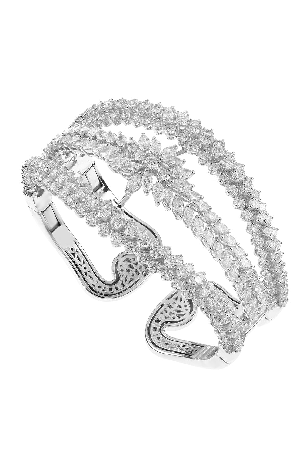 Diamond Three Row Y-Couture Cuff Bracelet-WHITE GOLD-JEWELRYFINE JEWELBRACELET O-YEPREM JEWELLERY