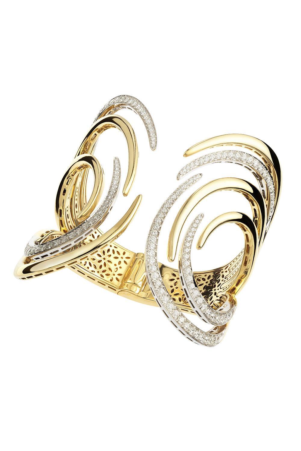 Diamond Swirl Golden Strada Open Cuff Bracelet-YELLOW GOLD-JEWELRYFINE JEWELBRACELET O-YEPREM JEWELLERY