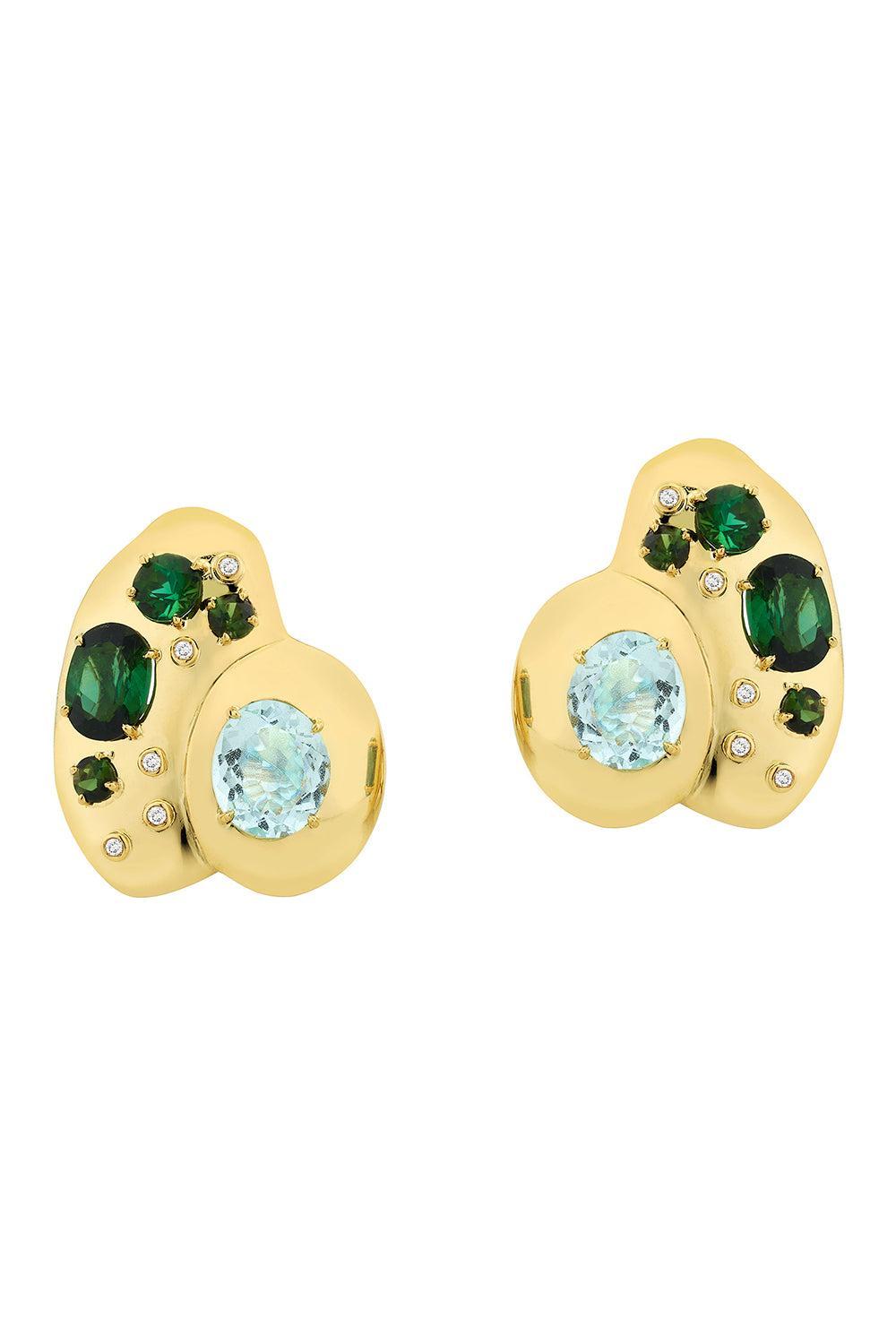 Green Tourmaline Blue Topaz Rock Class Earrings-YELLOW GOLD-JEWELRYFINE JEWELEARRING-CAROL KAUFFMANN
