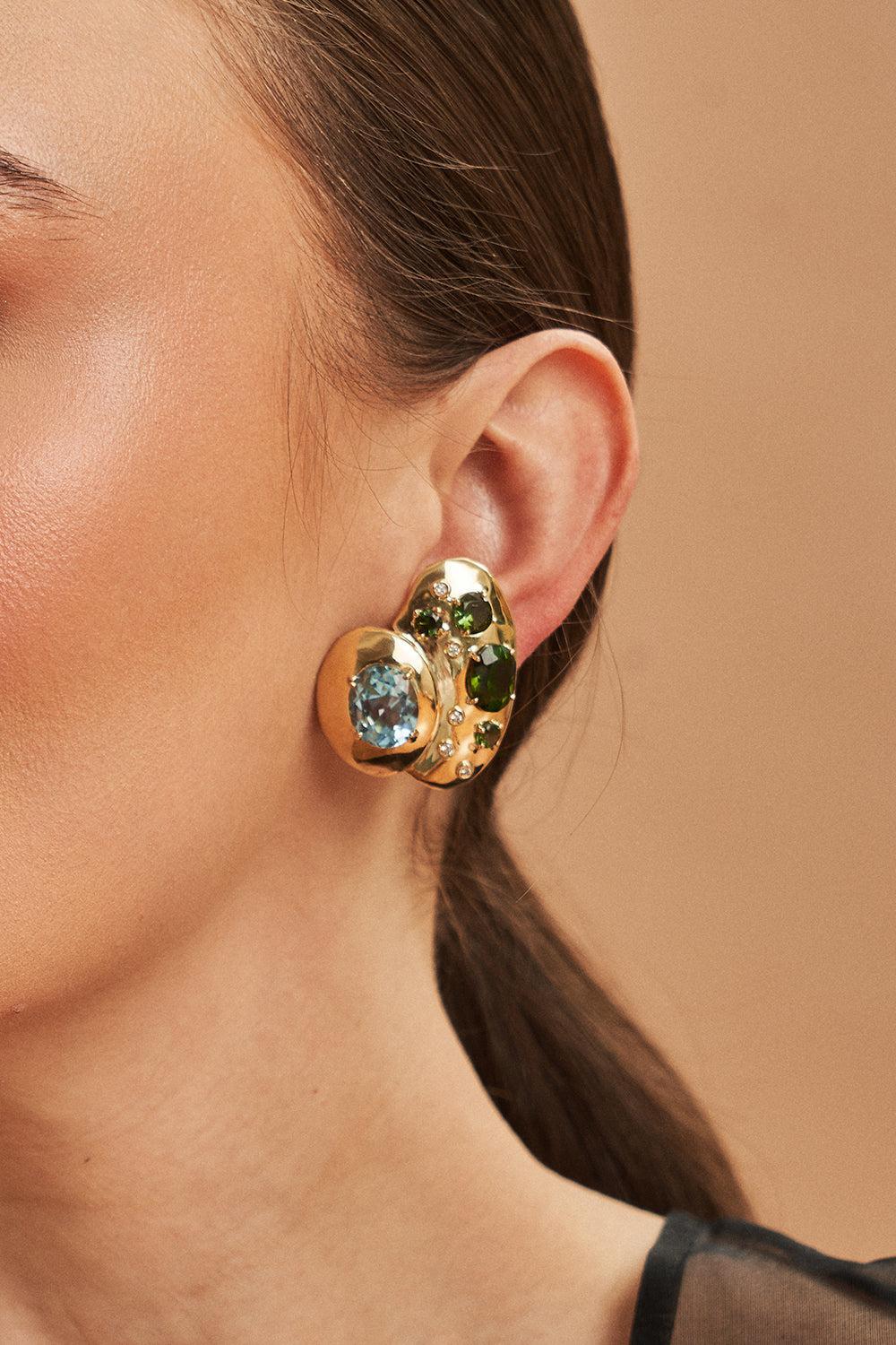 Green Tourmaline Blue Topaz Rock Class Earrings-YELLOW GOLD-JEWELRYFINE JEWELEARRING-CAROL KAUFFMANN