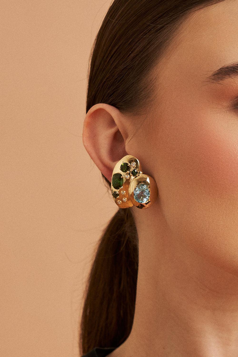 Green Tourmaline Blue Topaz Rock Class Earrings-YELLOW GOLD-JEWELRYFINE JEWELEARRING-CAROL KAUFFMANN