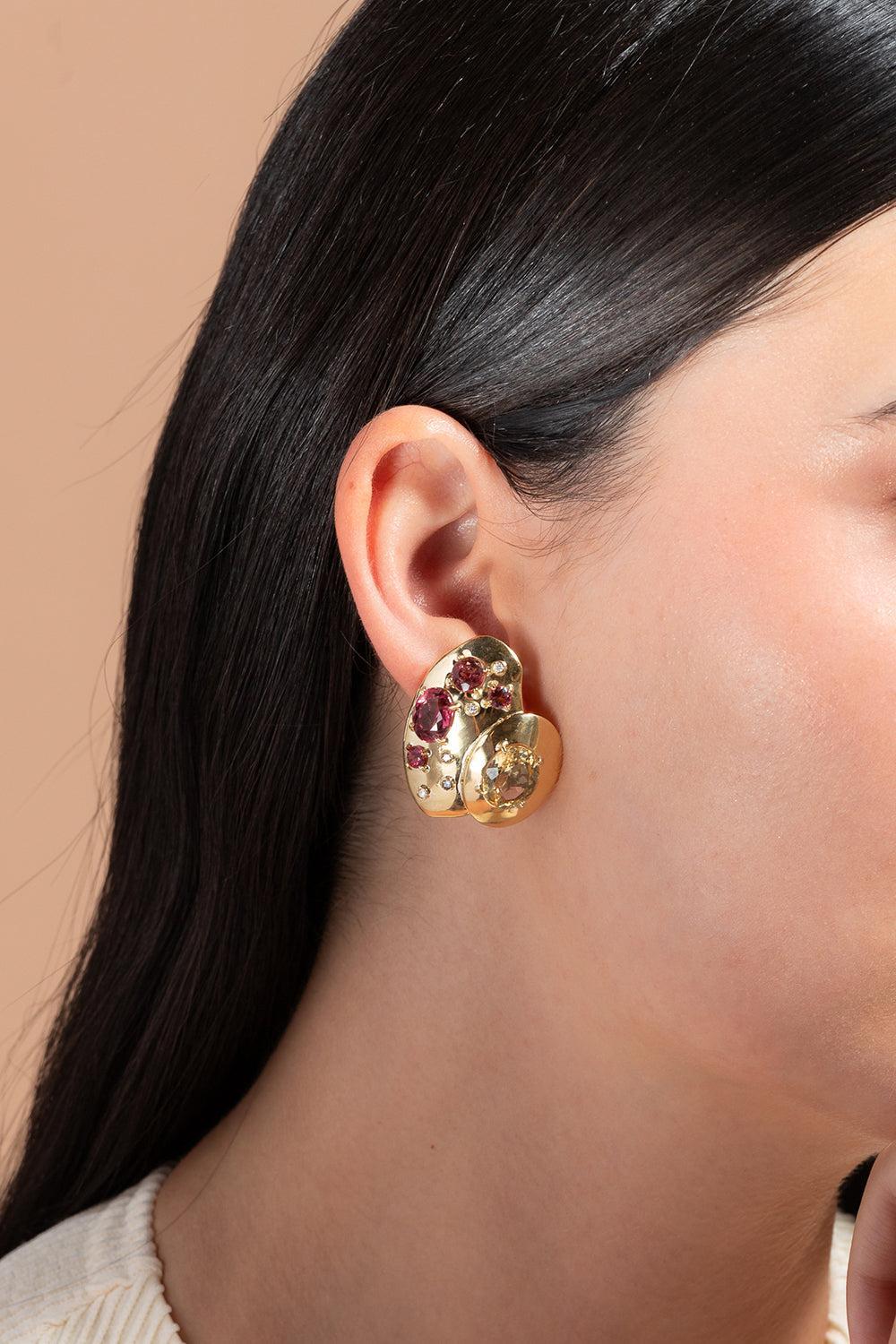 Rubellite Citrine Rocks Earrings-YELLOW GOLD-JEWELRYFINE JEWELEARRING-CAROL KAUFFMANN
