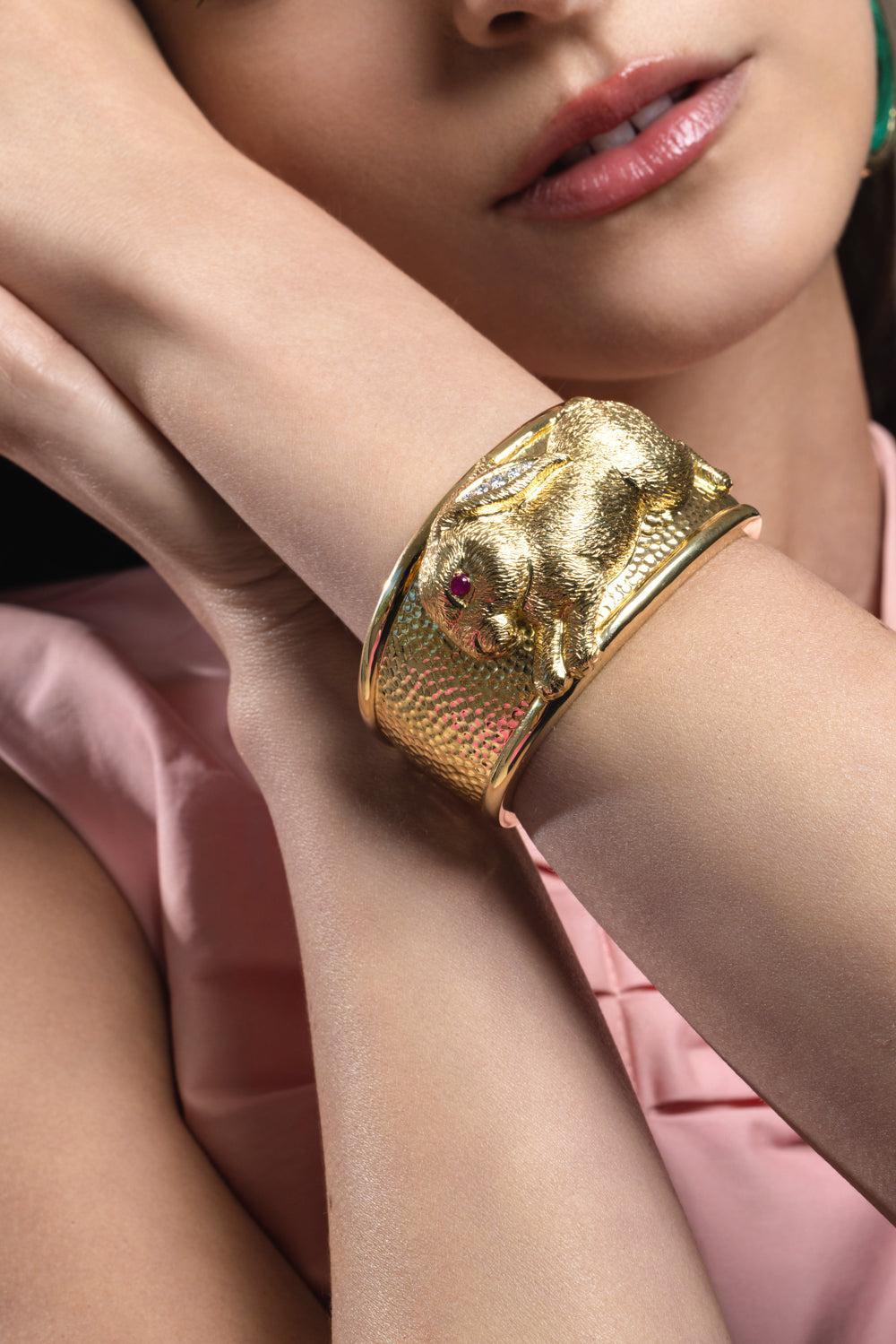 Ruby Repousse Rabbit Couture Cuff Bracelet-YELLOW GOLD-JEWELRYFINE JEWELBRACELET O-DAVID WEBB