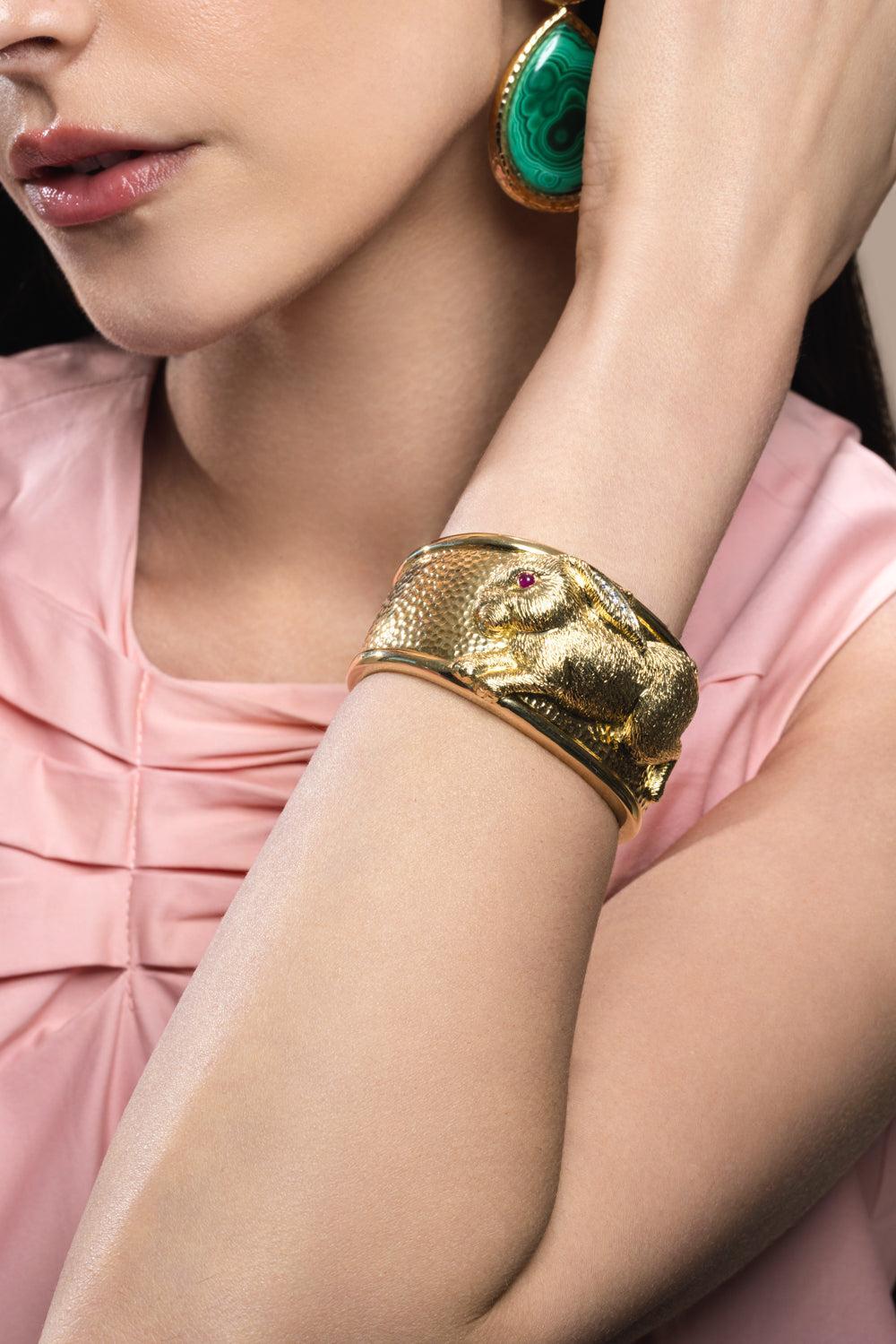Ruby Repousse Rabbit Couture Cuff Bracelet-YELLOW GOLD-JEWELRYFINE JEWELBRACELET O-DAVID WEBB