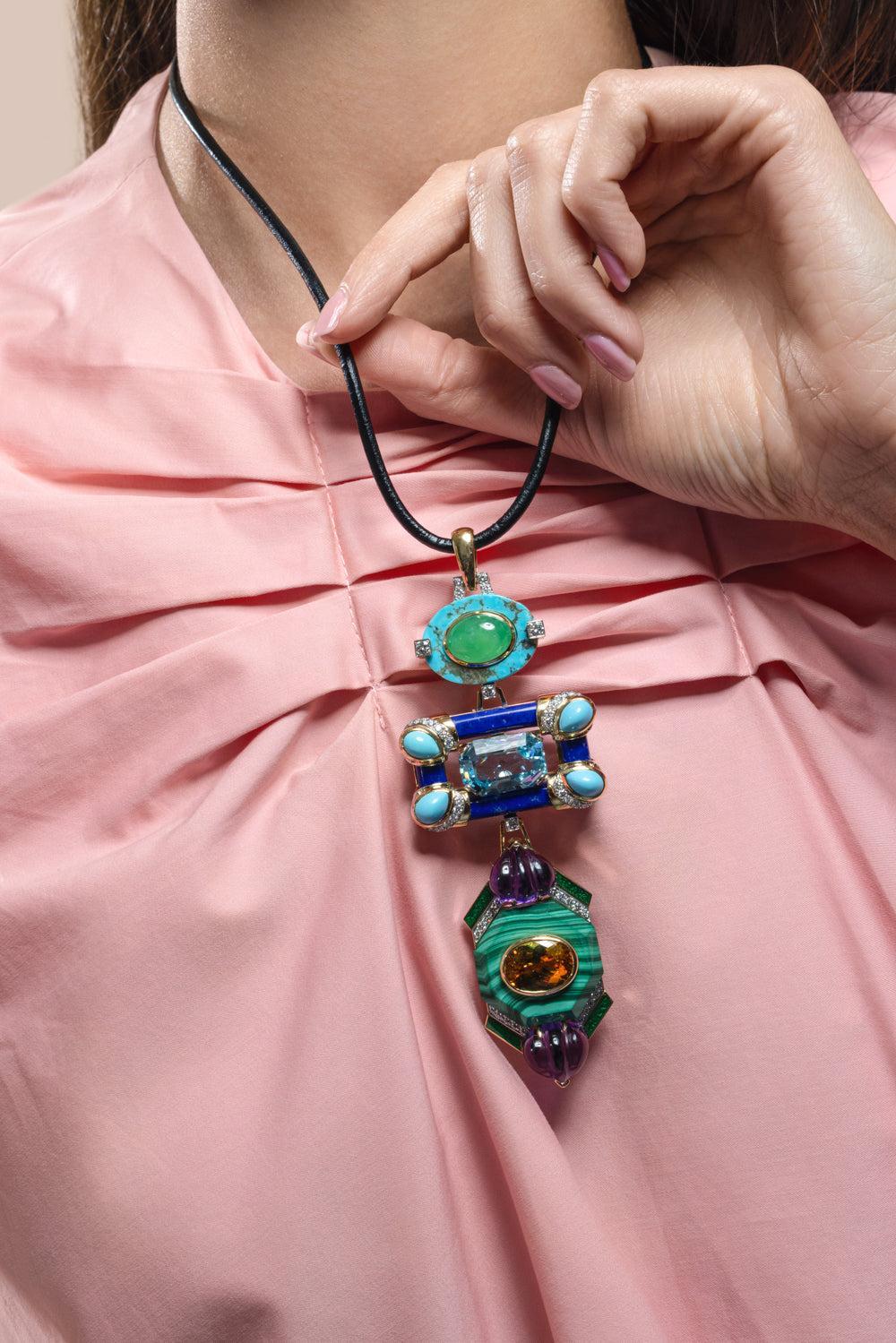 Turquoise Jade Lapis Green Couture Totem Necklace-YELLOW GOLD-JEWELRYFINE JEWELNECKLACE O-DAVID WEBB