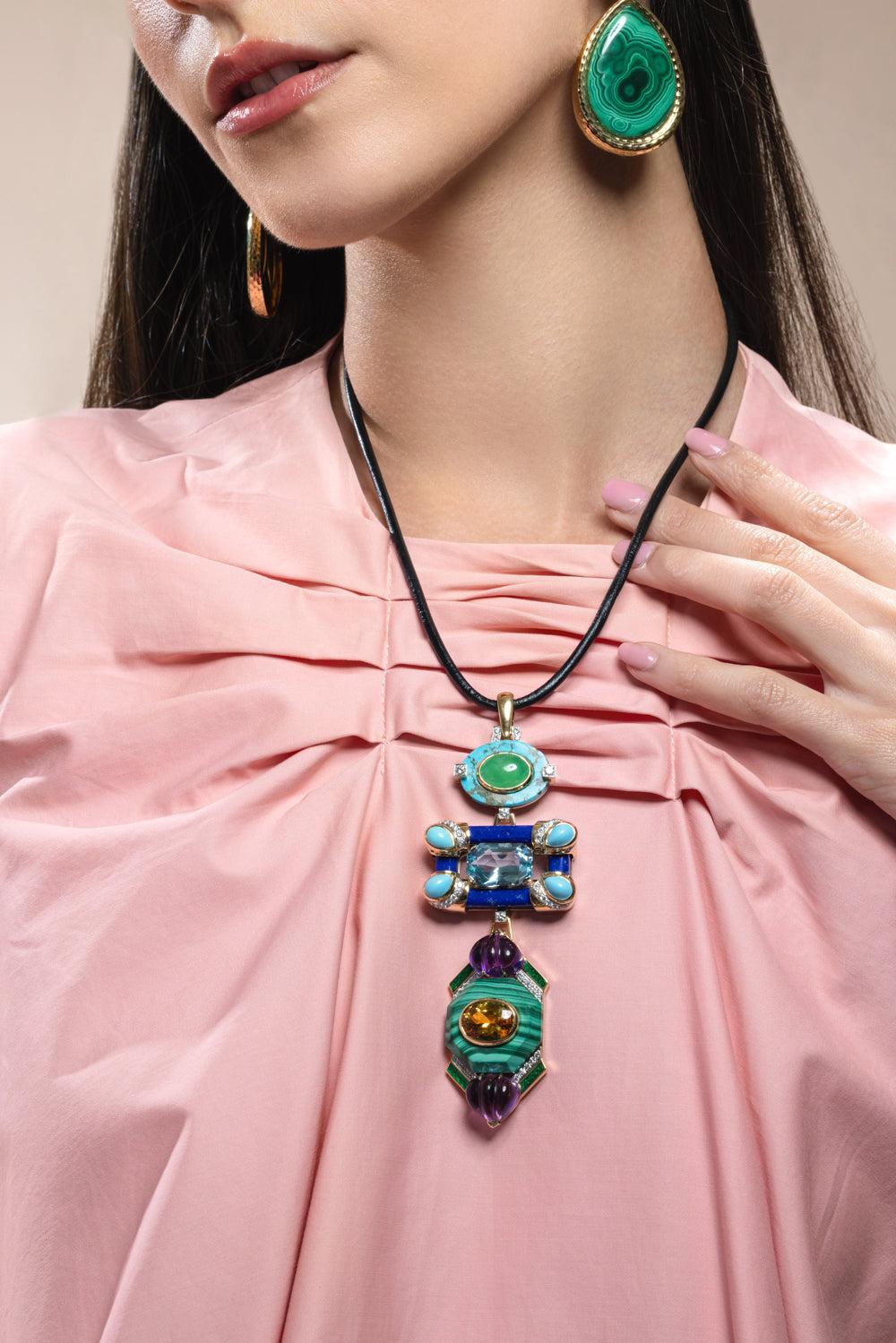 Turquoise Jade Lapis Green Couture Totem Necklace-YELLOW GOLD-JEWELRYFINE JEWELNECKLACE O-DAVID WEBB