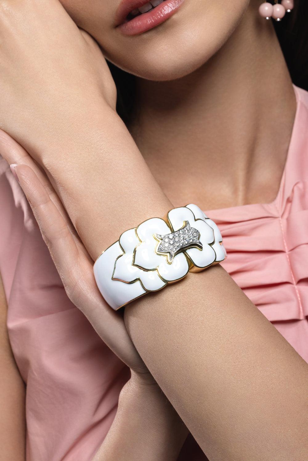 Diamond White Trefoil Cuff Bracelet-YELLOW GOLD-JEWELRYFINE JEWELBRACELET O-DAVID WEBB