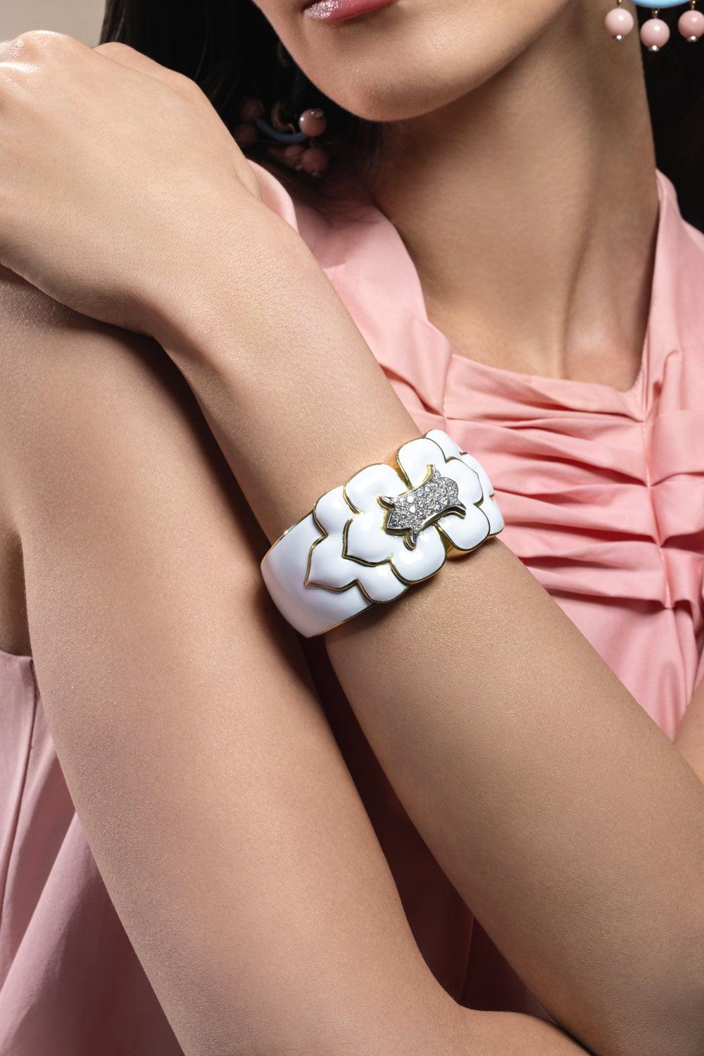 Diamond White Trefoil Cuff Bracelet-YELLOW GOLD-JEWELRYFINE JEWELBRACELET O-DAVID WEBB