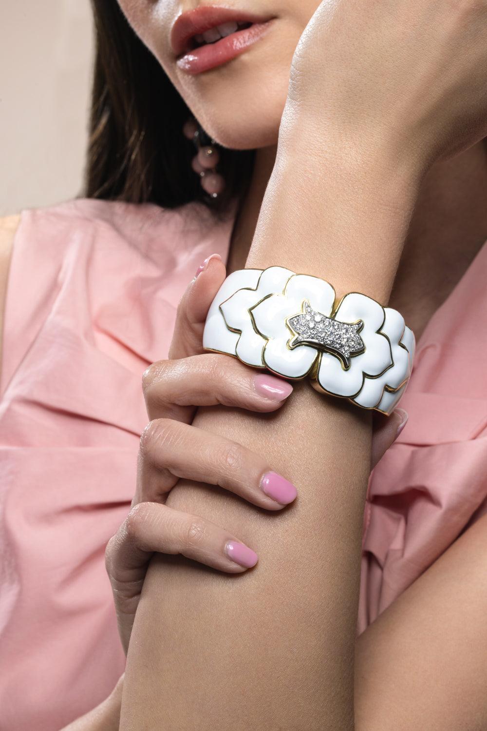 Diamond White Trefoil Cuff Bracelet-YELLOW GOLD-JEWELRYFINE JEWELBRACELET O-DAVID WEBB