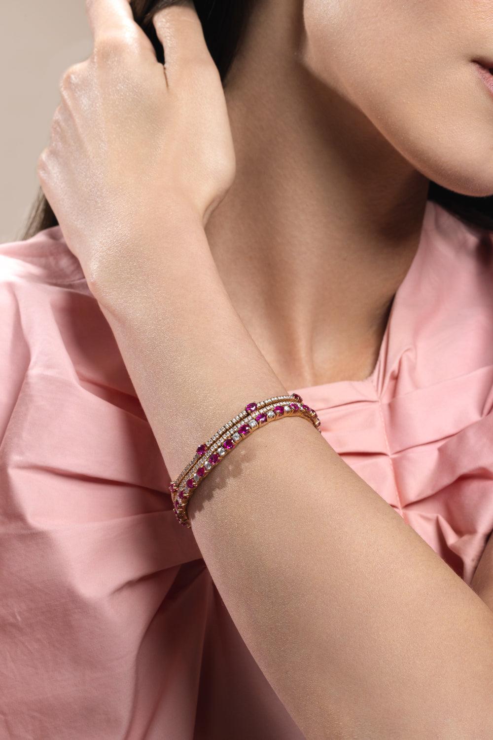 Diamond Ruby Oval Stretch Bracelet-ROSE GOLD-JEWELRYFINE JEWELBRACELET O-ROBERTO DEMEGLIO