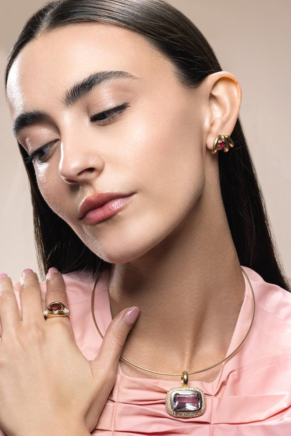 Rubellite Siren Cove Ear Climber-YELLOW GOLD-JEWELRYFINE JEWELEARRING-MASON & BOOKS