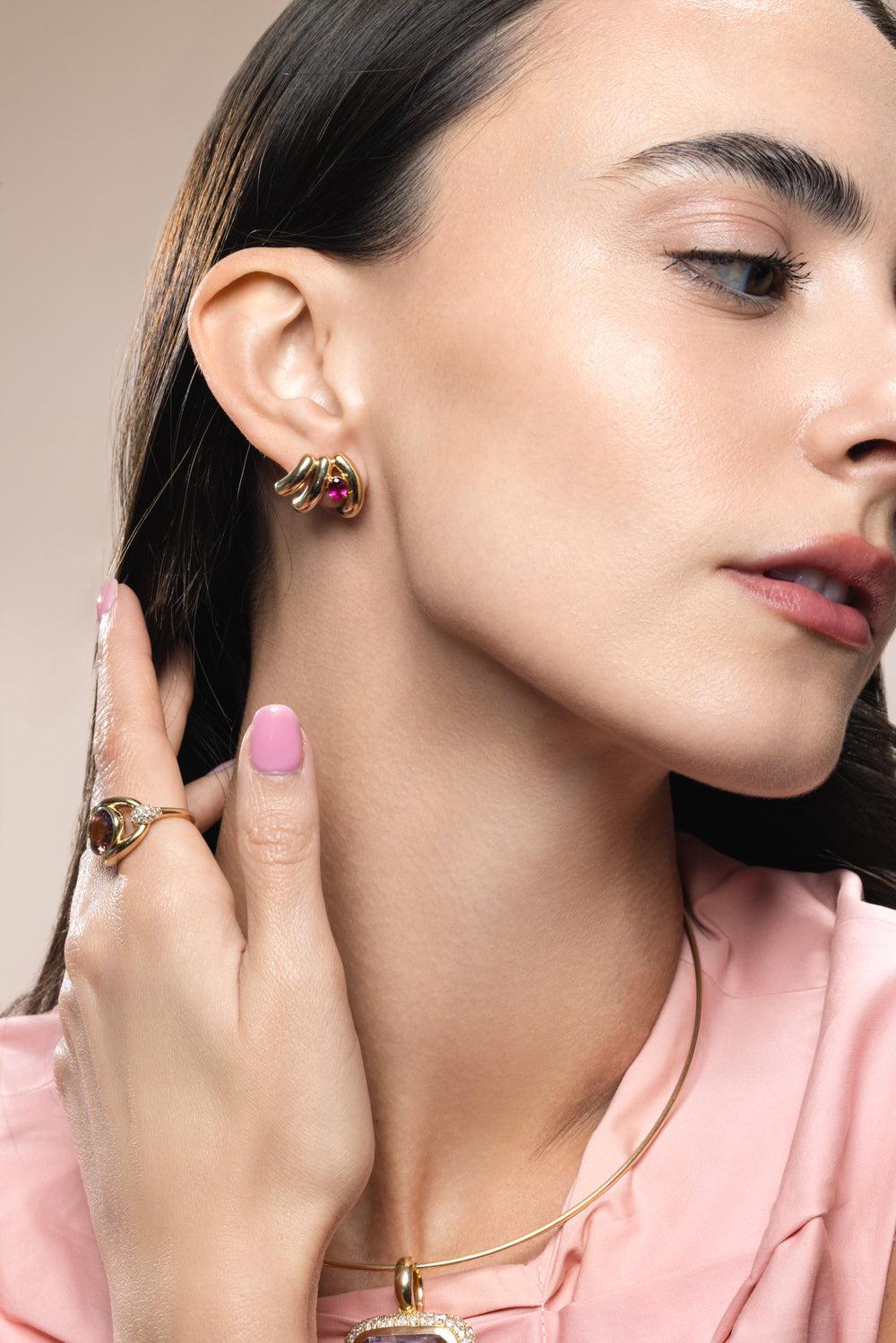 Rubellite Siren Cove Ear Climber-YELLOW GOLD-JEWELRYFINE JEWELEARRING-MASON & BOOKS