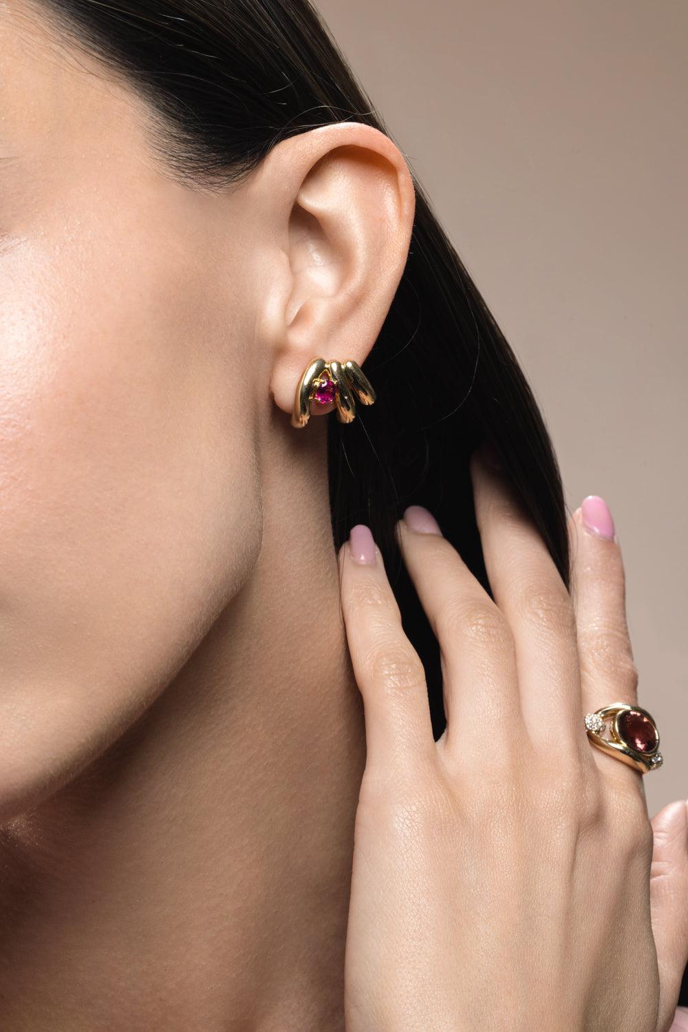 Rubellite Siren Cove Ear Climber-YELLOW GOLD-JEWELRYFINE JEWELEARRING-MASON & BOOKS