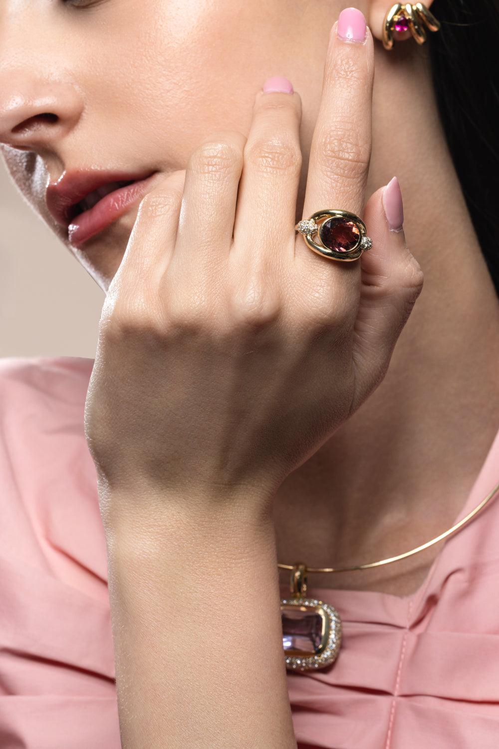 Rubellite Diamond Slingshot Ring-YELLOW GOLD-6-JEWELRYFINE JEWELRING-MASON & BOOKS