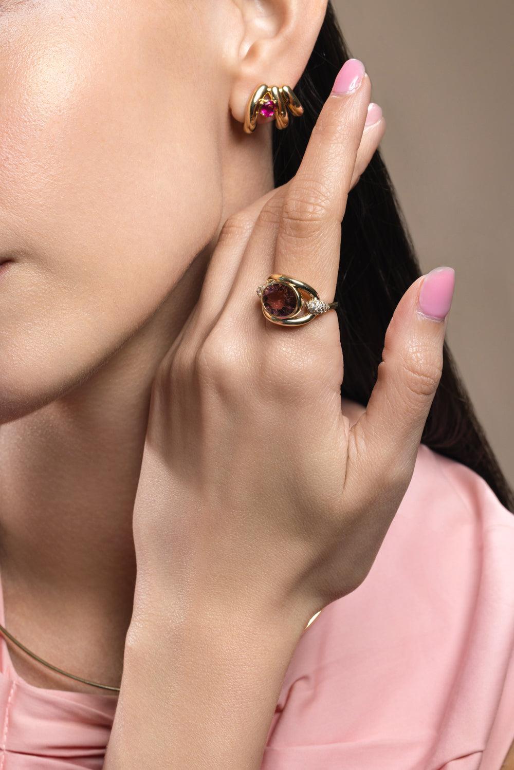 Rubellite Diamond Slingshot Ring-YELLOW GOLD-6-JEWELRYFINE JEWELRING-MASON & BOOKS