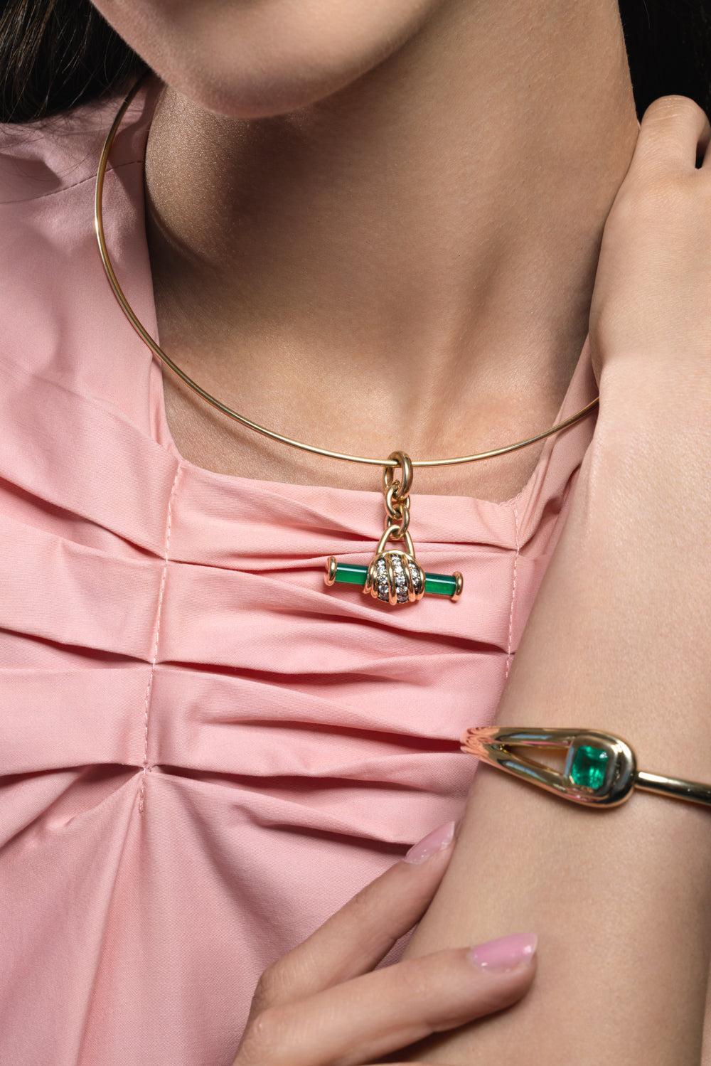 Green Onyx Diamond Bar Floret Pendant-YELLOW GOLD-JEWELRYFINE JEWELPENDANT-MASON & BOOKS