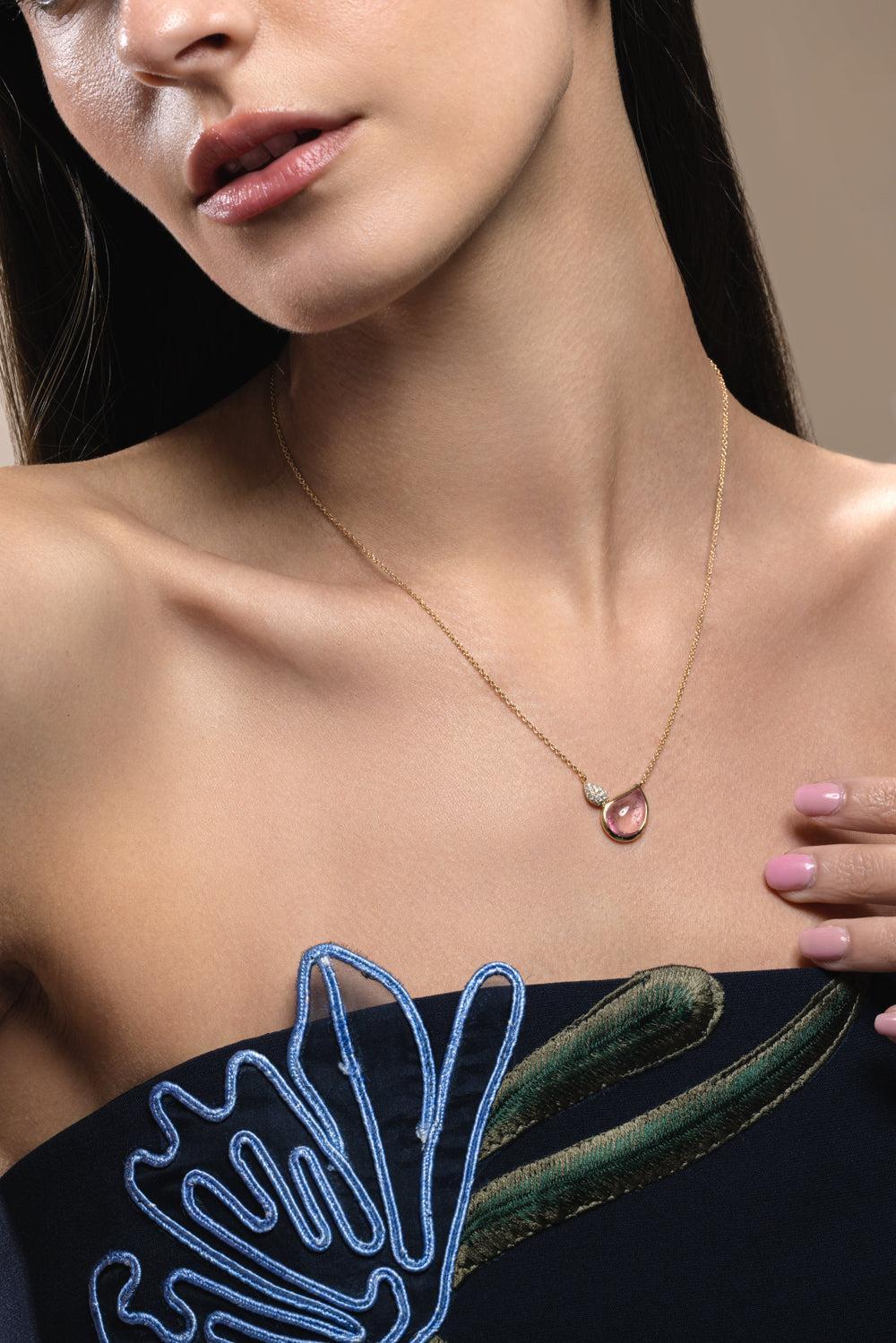 Rose Tourmaline Diamond Signature 2 Drop Necklace-YELLOW GOLD-JEWELRYFINE JEWELNECKLACE O-TAMARA COMOLLI