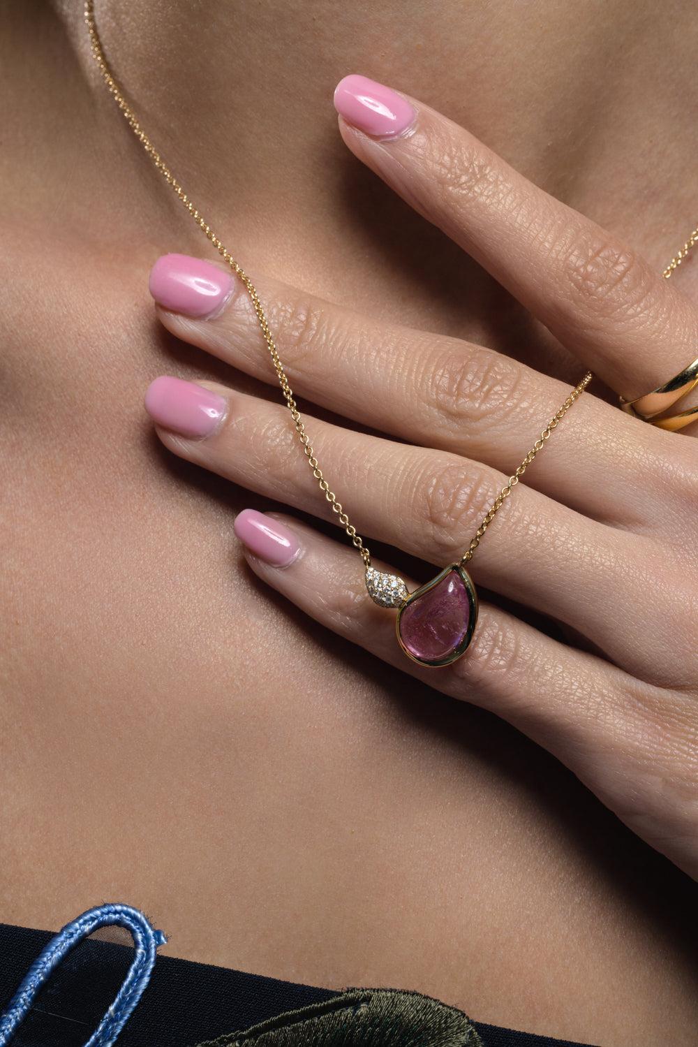 Rose Tourmaline Diamond Signature 2 Drop Necklace-YELLOW GOLD-JEWELRYFINE JEWELNECKLACE O-TAMARA COMOLLI