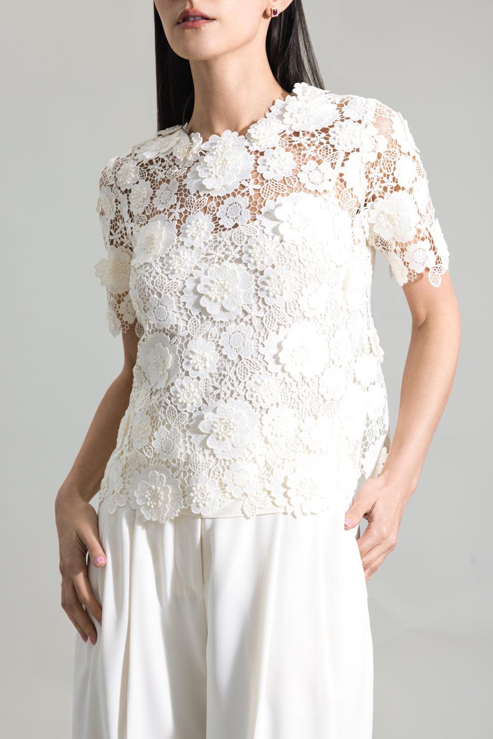 3D Floral Short Sleeve Blouse-IVORY-4-CLOTHINGTOPBLOUSE-MONIQUE LHUILLIER