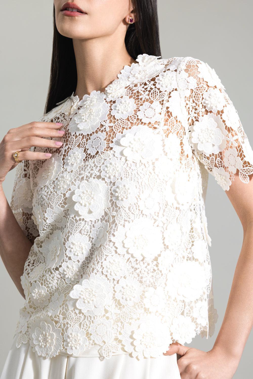 3D Floral Short Sleeve Blouse-IVORY-4-CLOTHINGTOPBLOUSE-MONIQUE LHUILLIER