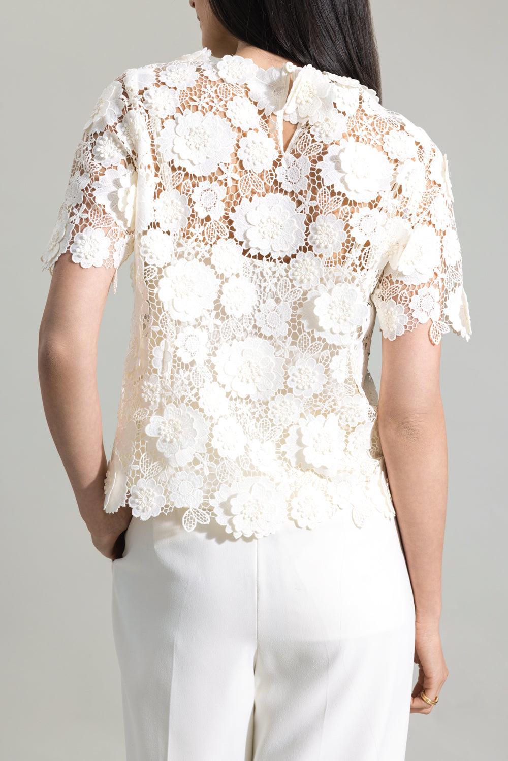 3D Floral Short Sleeve Blouse-IVORY-4-CLOTHINGTOPBLOUSE-MONIQUE LHUILLIER