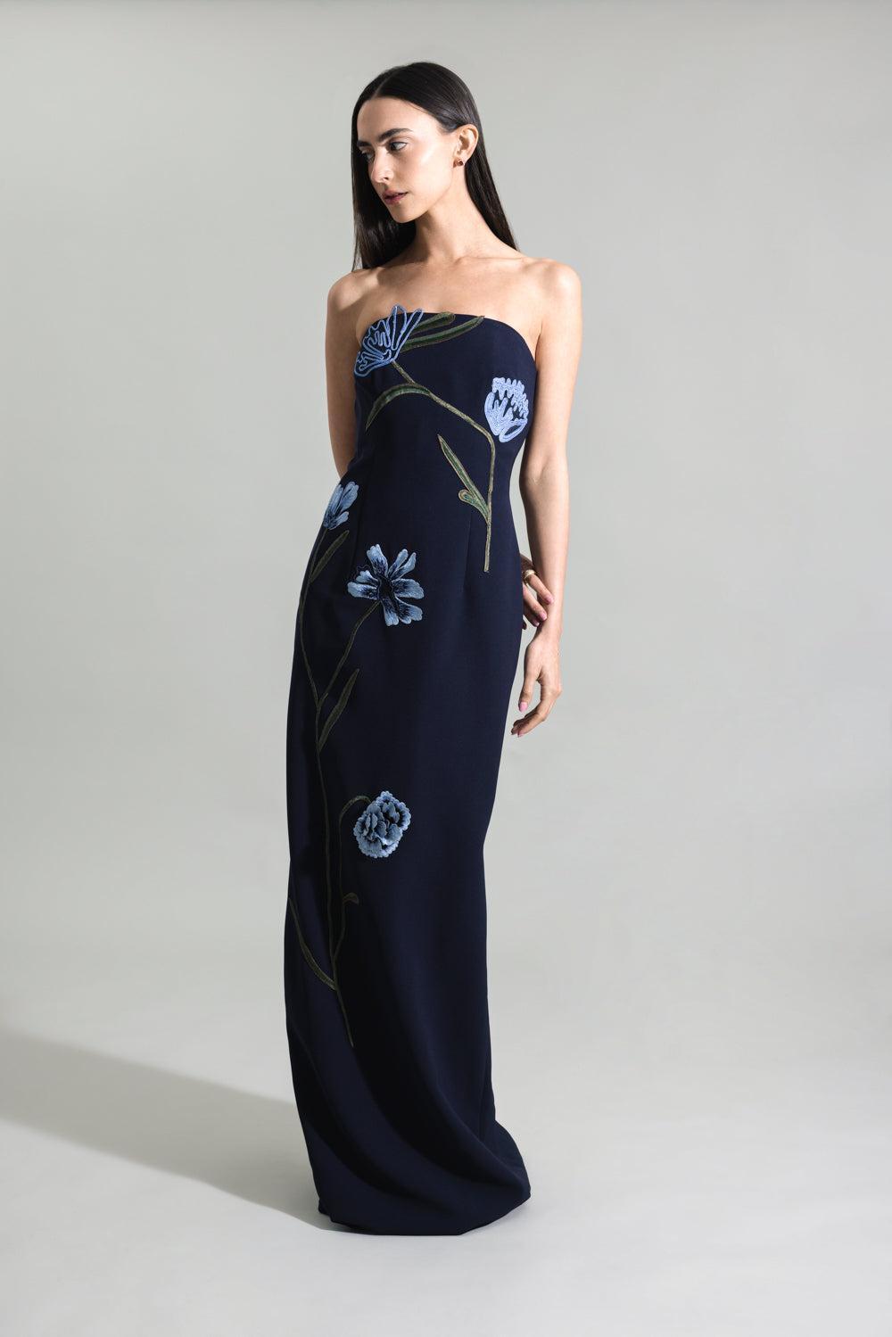 Floral Cord Embroidered Fluid Gown-BLUE-4-CLOTHINGDRESSGOWN-LELA ROSE
