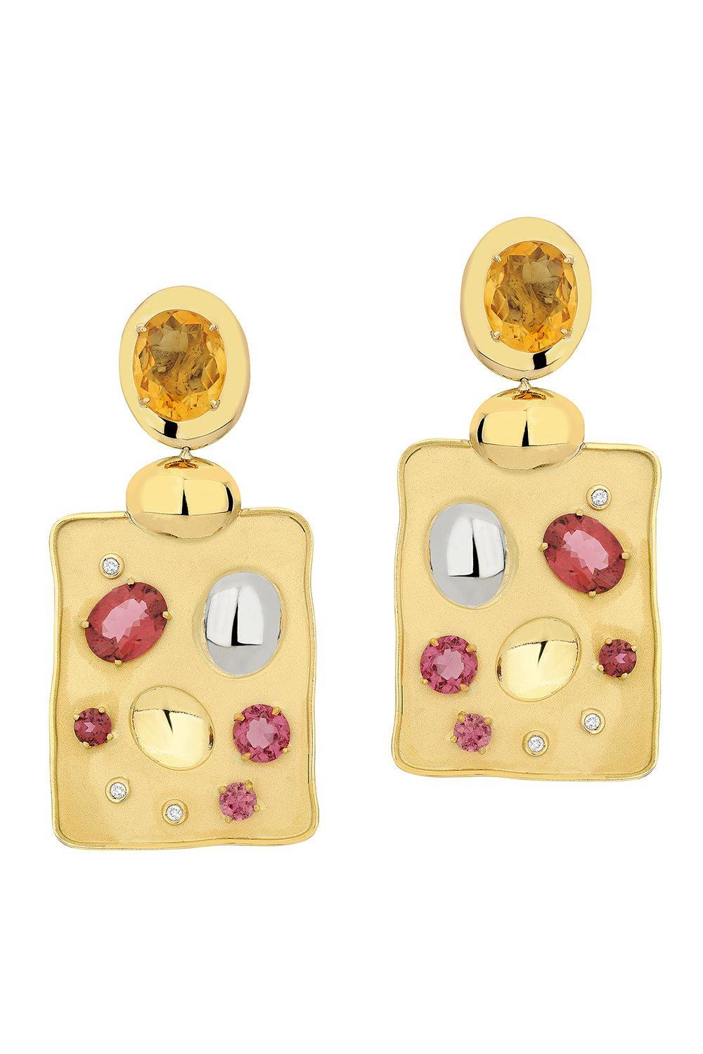 Citrine Rubis Diamond Rock Drop Earrings-YELLOW GOLD-JEWELRYFINE JEWELEARRING-CAROL KAUFFMANN