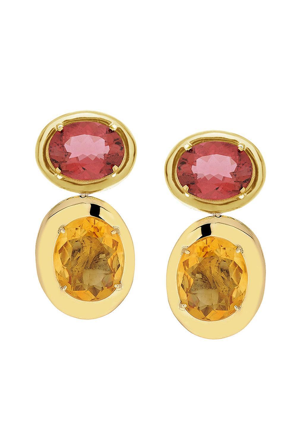Pink Tourmaline Citrine Rock Class Earrings-YELLOW GOLD-JEWELRYFINE JEWELEARRING-CAROL KAUFFMANN