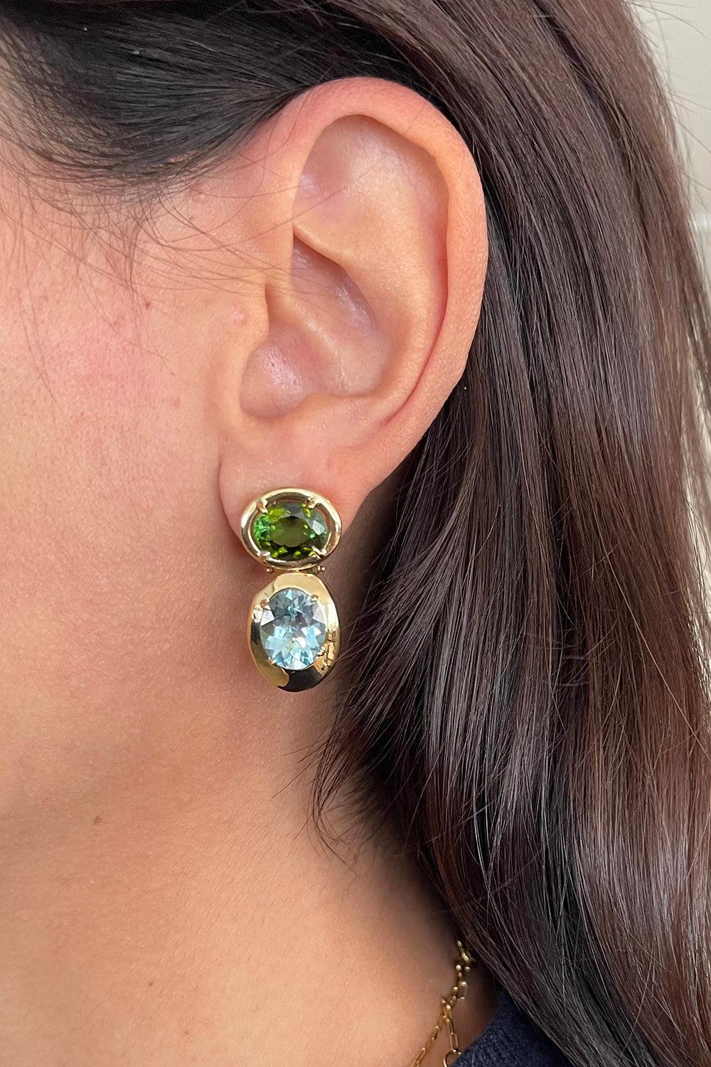 Blue Topaz Green Tourmaline Rock Class Earrings-YELLOW GOLD-JEWELRYFINE JEWELEARRING-CAROL KAUFFMANN