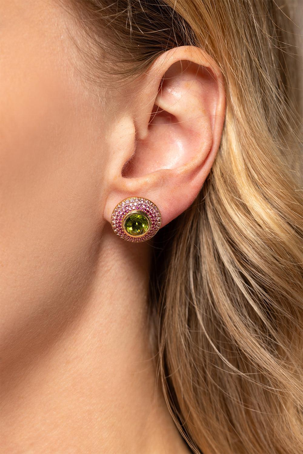 Peridot Pink Sapphire Ombre Button Stud Earrings-YELLOW GOLD-JEWELRYFINE JEWELEARRING-EMILY P WHEELER