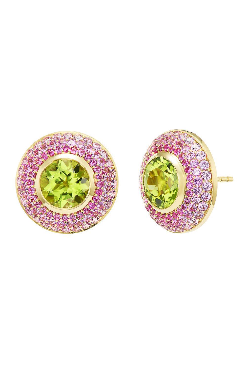 Peridot Pink Sapphire Ombre Button Stud Earrings-YELLOW GOLD-JEWELRYFINE JEWELEARRING-EMILY P WHEELER