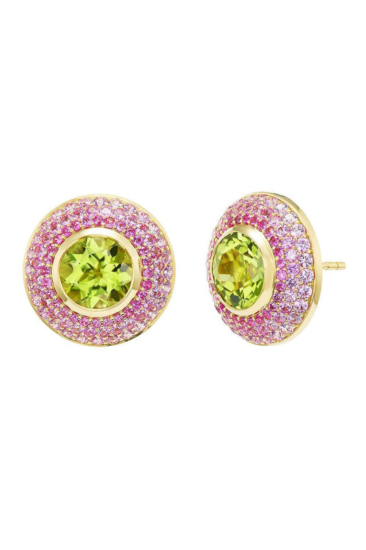 Peridot Pink Sapphire Ombre Button Stud Earrings-YELLOW GOLD-JEWELRYFINE JEWELEARRING-EMILY P WHEELER
