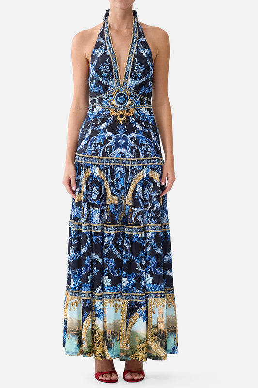 Tiered Halter Neck Jersey Maxi Dress