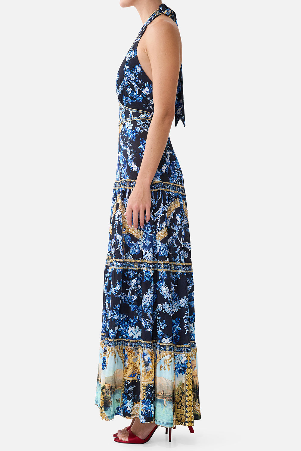 Tiered Halter Neck Jersey Maxi Dress