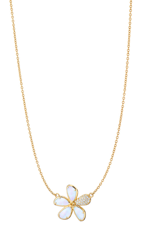 Diamond Mother Of Pearl Flower Pendant Necklace