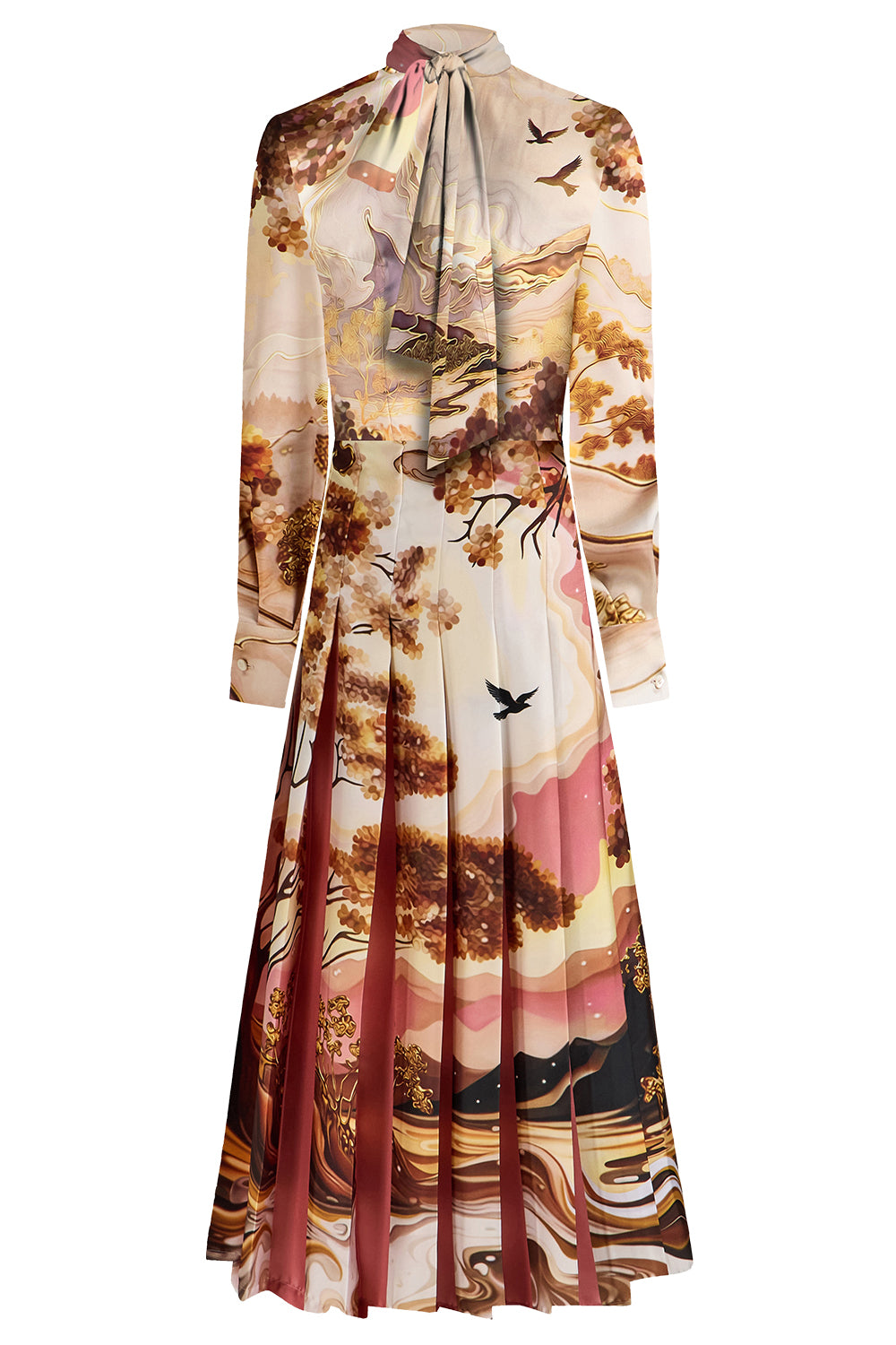 Alexis Landscape Print Tie-Neck Midi Dress