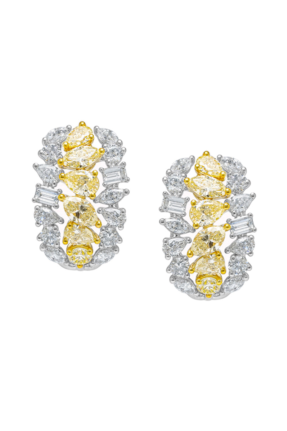  Yellow White Diamond Three Row Earrings-WHITE GOLD-JEWELRYFINE JEWELEARRING-ARZANO 
