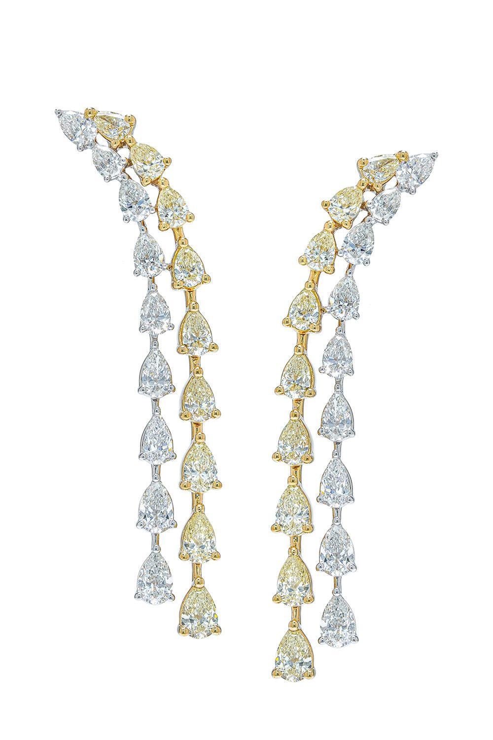 Diamond Two Row Long Teardrop Earrings-YELLOW GOLD-JEWELRYFINE JEWELEARRING-ARZANO