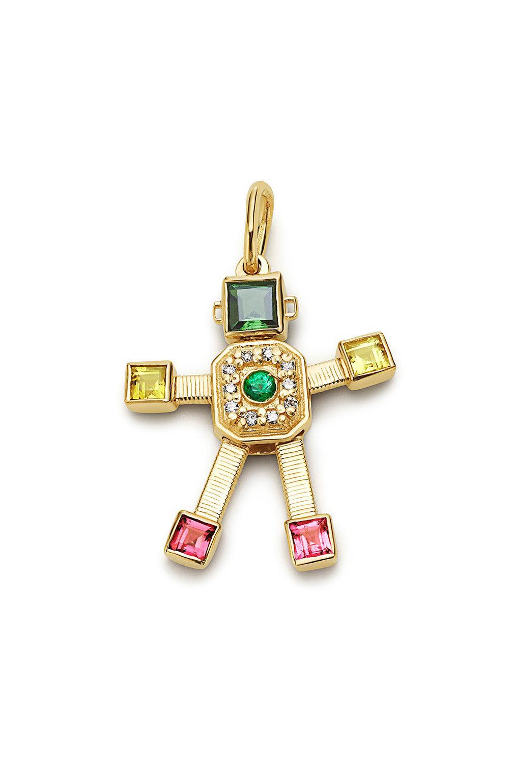 Diamond Emerald Tourmaline Midi Bespoke Disco Robot Pendant-YELLOW GOLD-JEWELRYFINE JEWELPENDANT-VAN