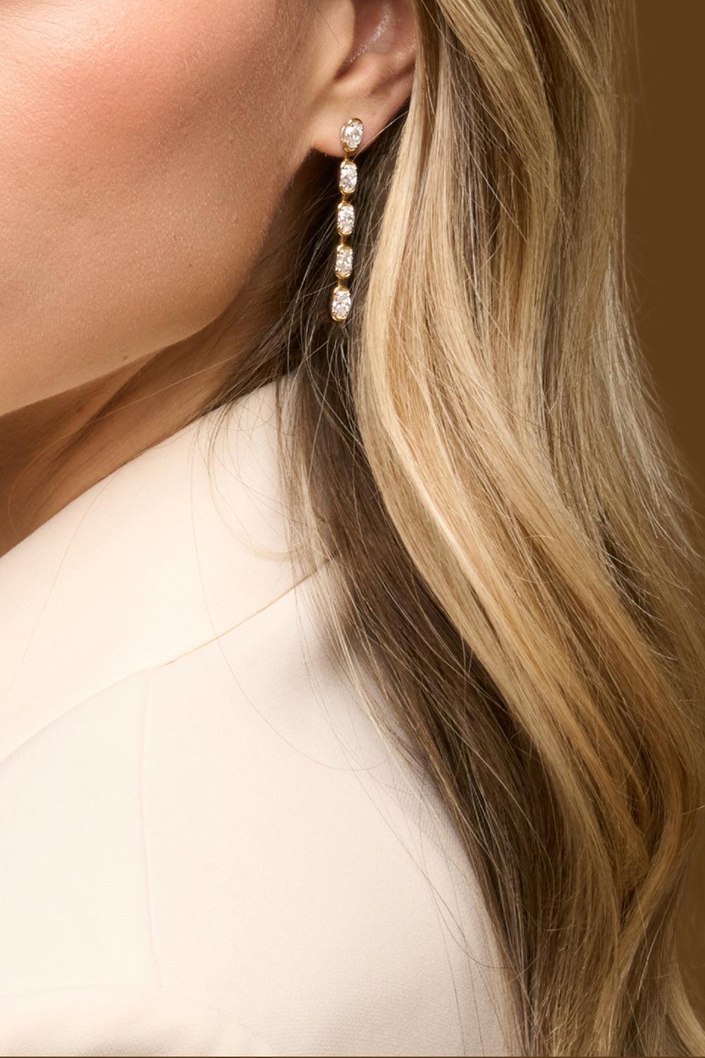 Five Diamond Oval Drop Earrings-YELLOW GOLD-JEWELRYFINE JEWELEARRING-PHILLIPS HOUSE