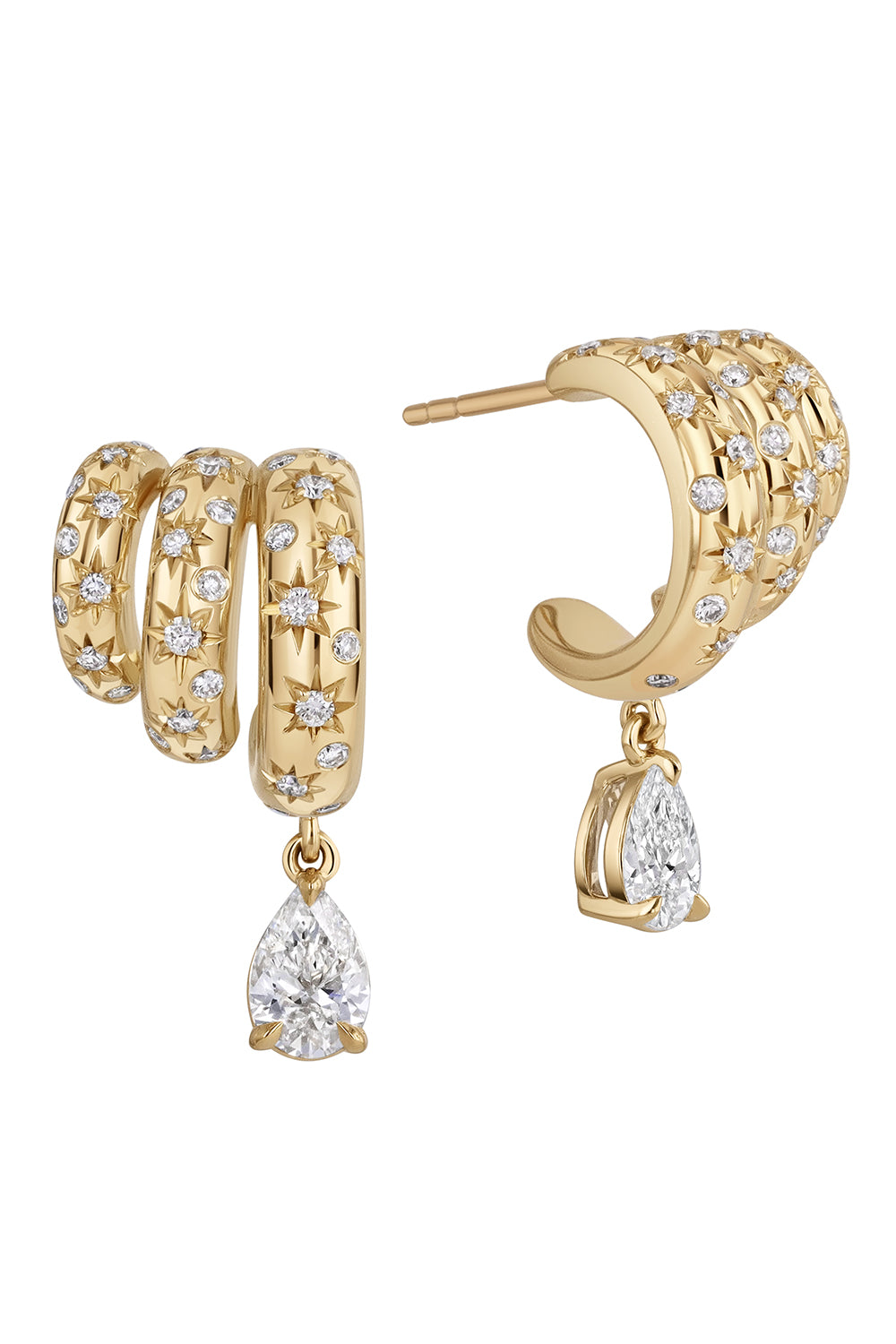 Diamond Star Set Triple Hoop Drop Earrings