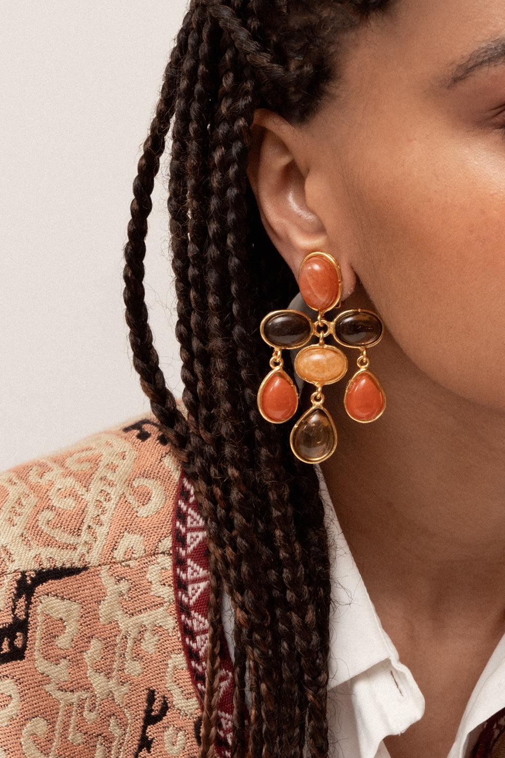 Brown Orange Multi Stone Earrings-YELLOW-JEWELRYBOUTIQUEEARRING-SYLVIA TOLEDANO